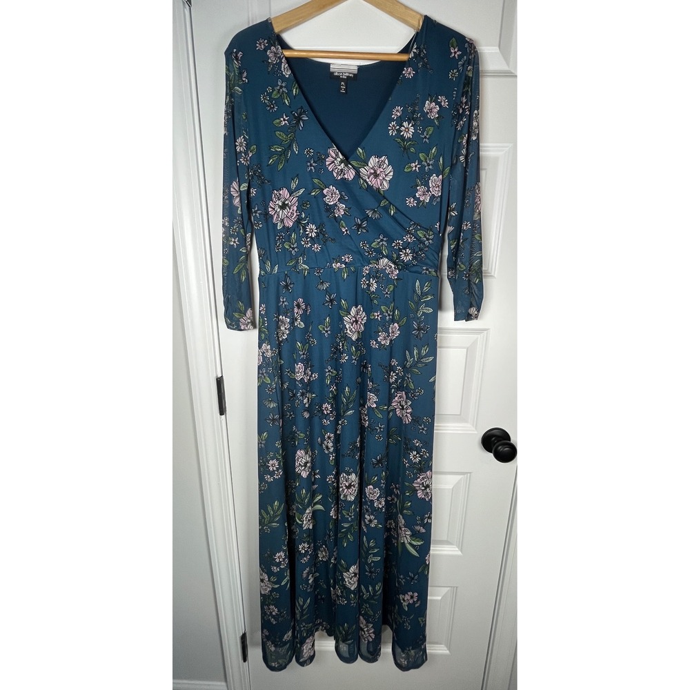 Allison Brittney Petite Floral Maxi Dress Teal Blue V-Neck Mesh Sleeve PL